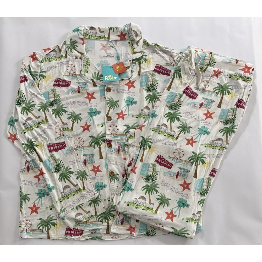 NWT Posh Peanut Pajama Set Mens Size Large Hollywood Print Button Up Sleepwear
